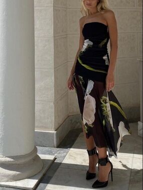 Strapless Black Floral Midi Dress